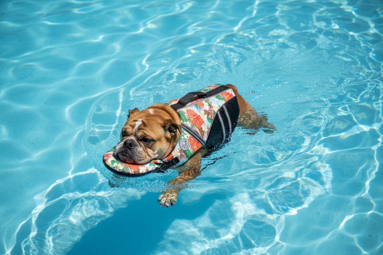 Bird's Eye View - English Bulldog Swimming with Floral Life Jacket